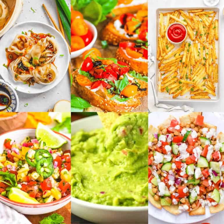 Collage of vegan and vegetarian appetizers on a white background.