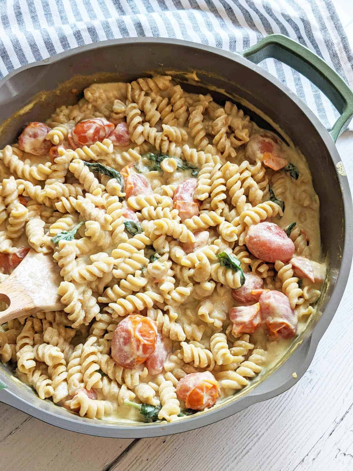 Vegan baked pasta with tofu in a pan.