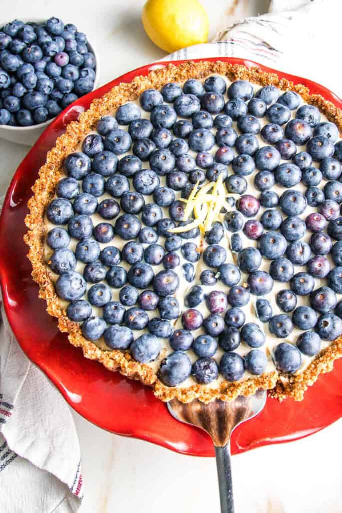 Blueberry tart in a tart dish on a red background.