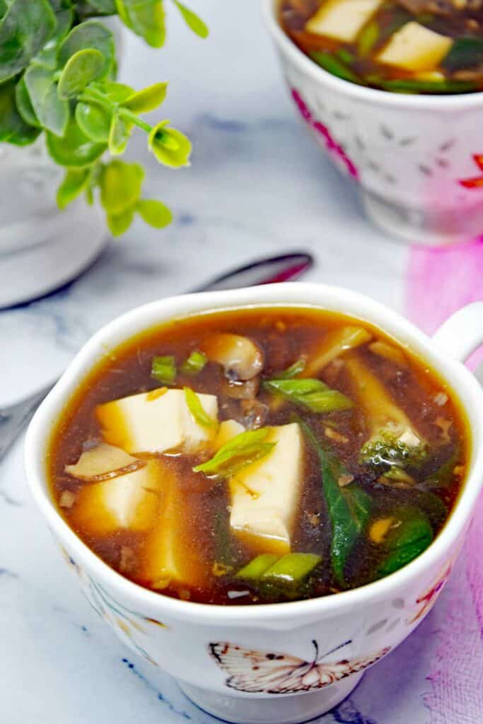 Tofu veggie soup in a dark soy sauce broth.