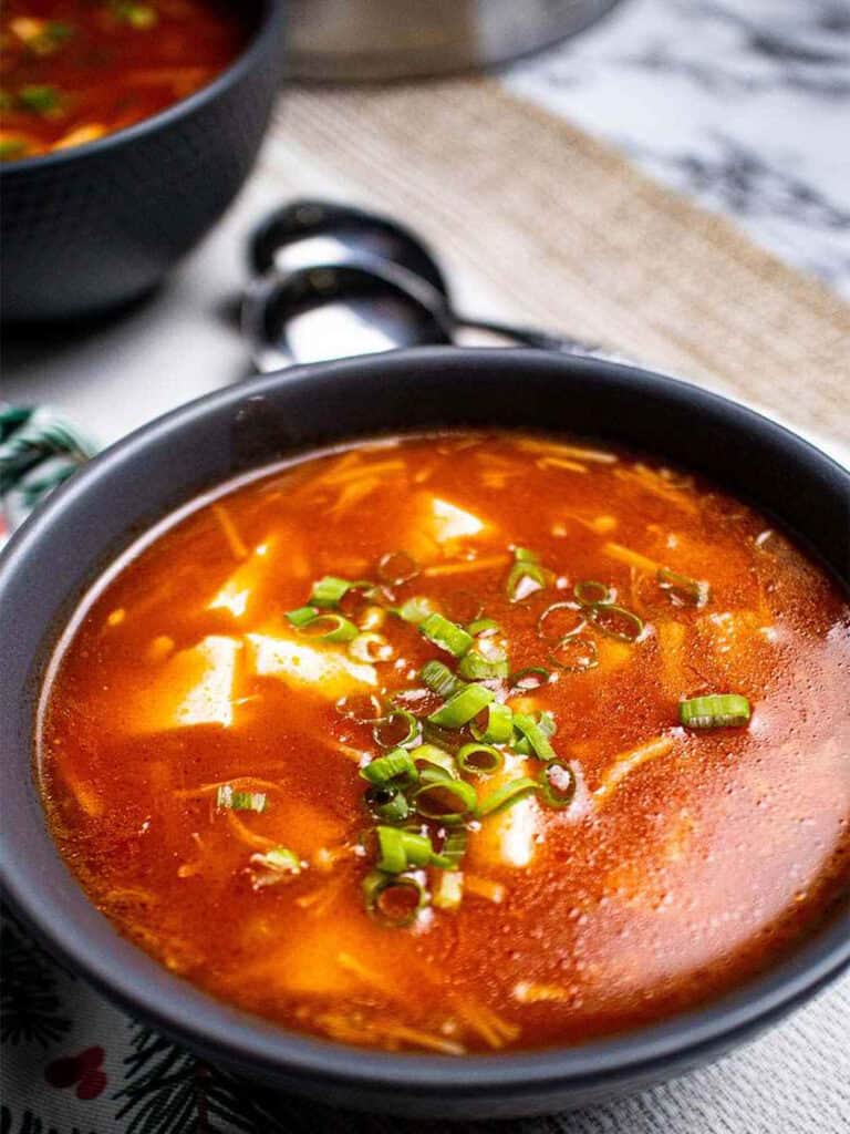 Tomato mushroom soup with tofu in a broth garnished with green onions in a black bowl.