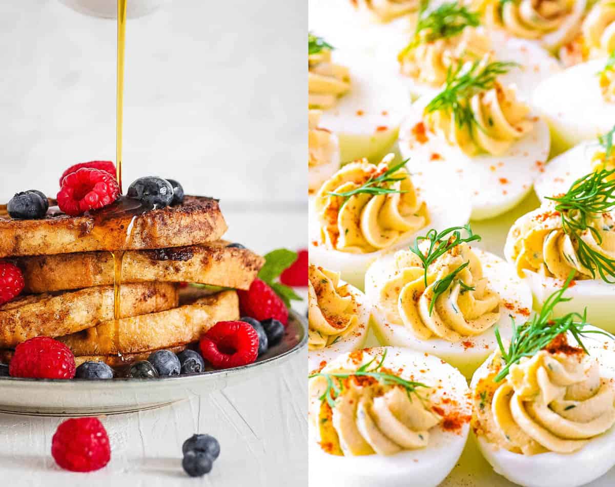 Egg breakfast recipes including french toast and deviled eggs on a white background.