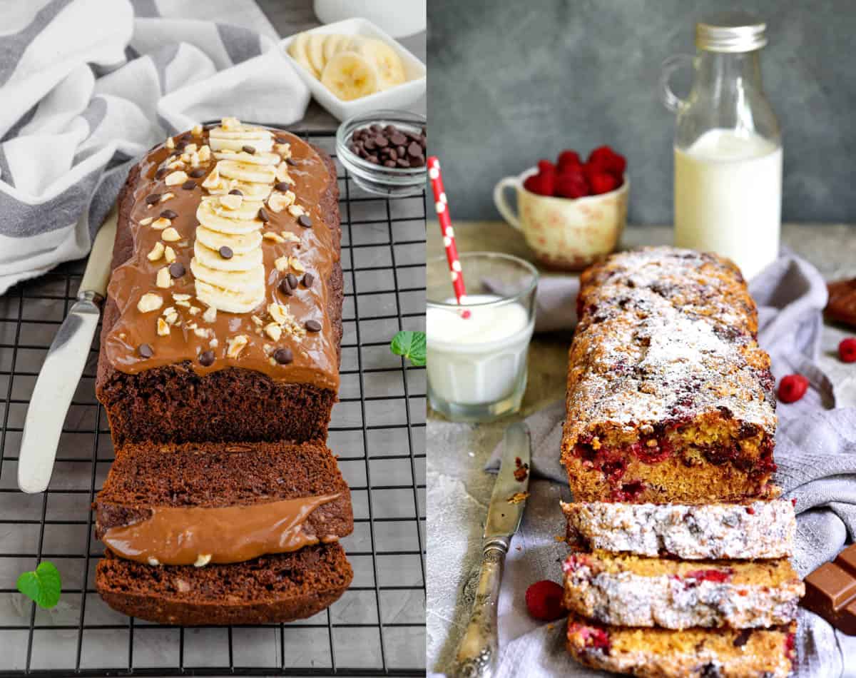 Collage of chocolate quick bread and fruit quick bread on a white background.