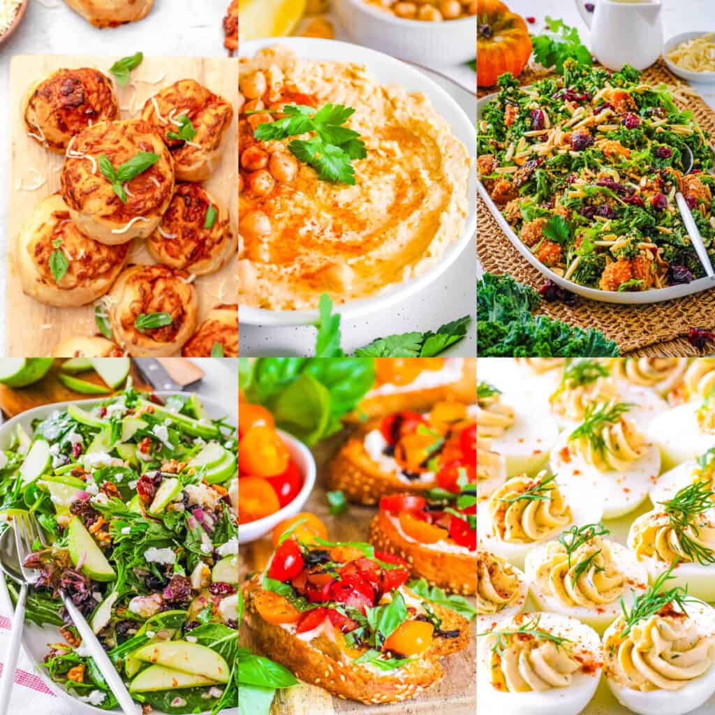 Collage of vegetarian Christmas appetizers on a white background.