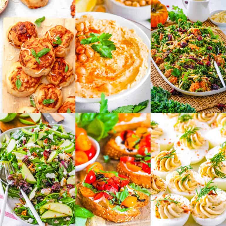 Collage of vegetarian Christmas appetizers on a white background.