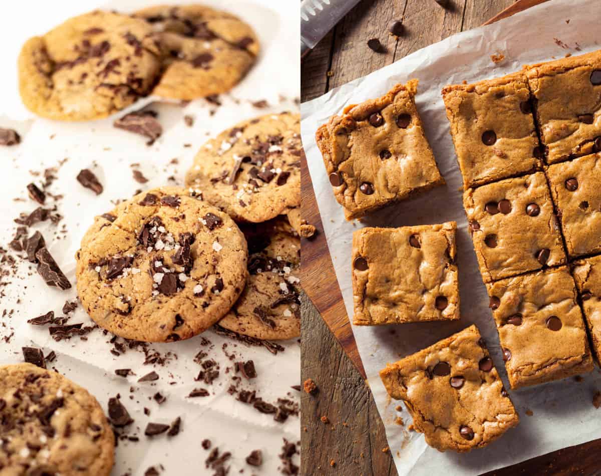 Collage of chocolate chip cookies made from a list of easy vegan cookie recipes on a white background.