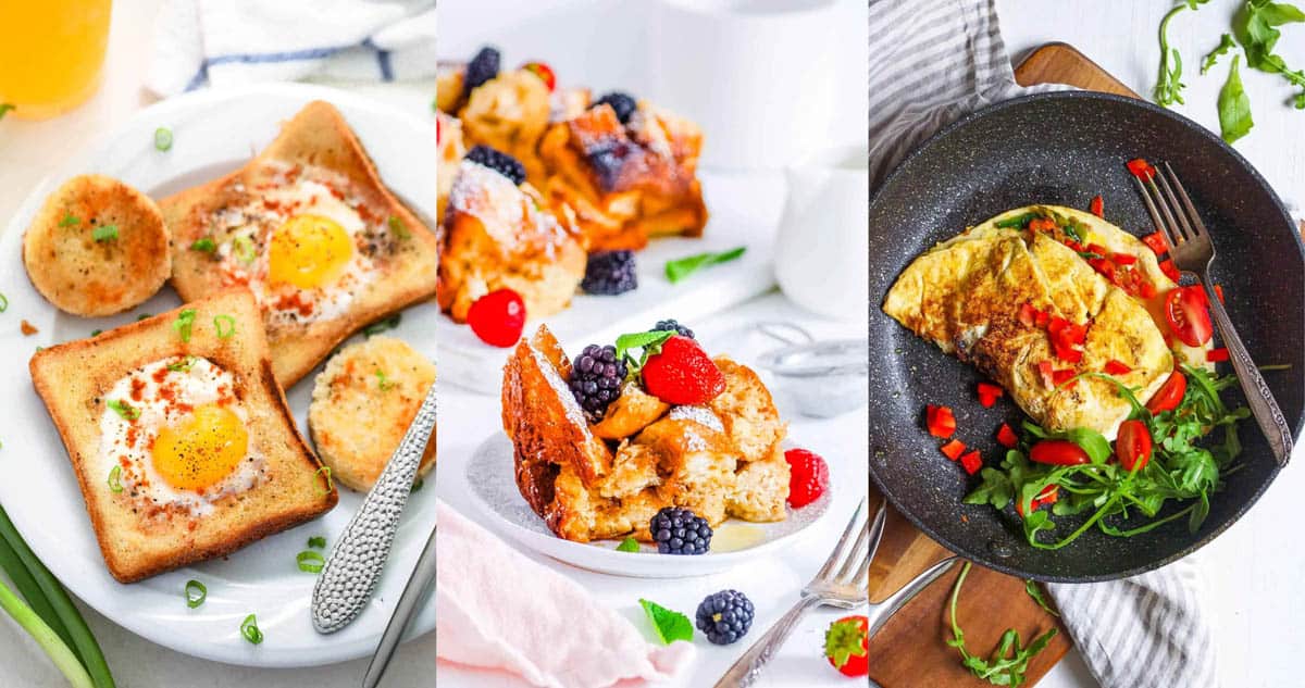 Collage of egg breakfast recipes including french toast and an omelette on a white background.