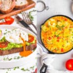 Egg recipes for breakfast and brunch including egg avocado toast and a frittata on a white background.