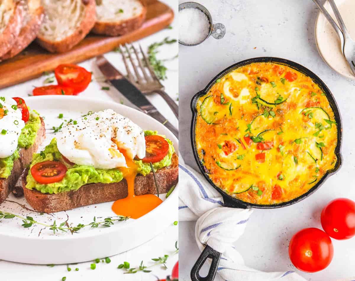 Egg recipes for breakfast and brunch including egg avocado toast and a frittata on a white background.