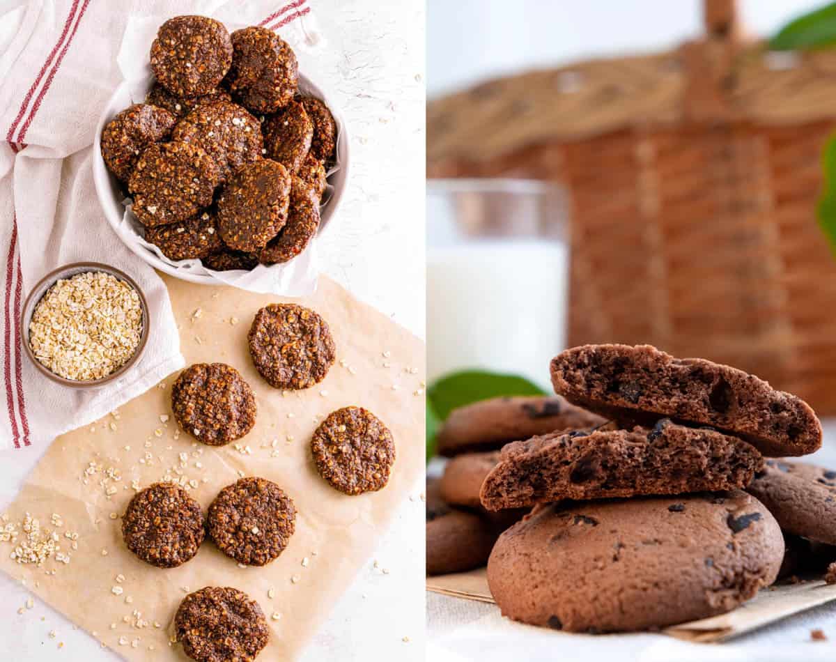 Collage of c،colate cookies made from a list of easy vegan cookie recipes on a white background.