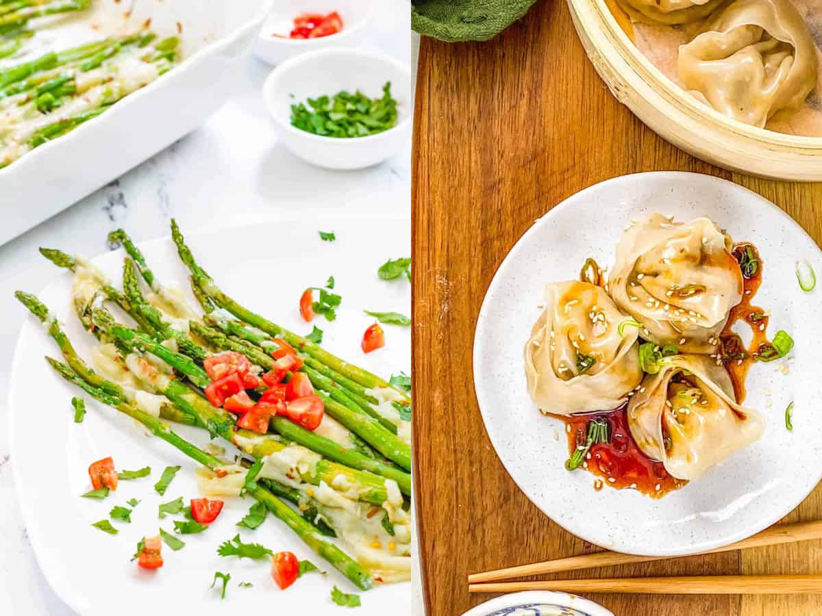 Collage of savory appetizers for Christmas - including baked asparagus and wontons on a white background.
