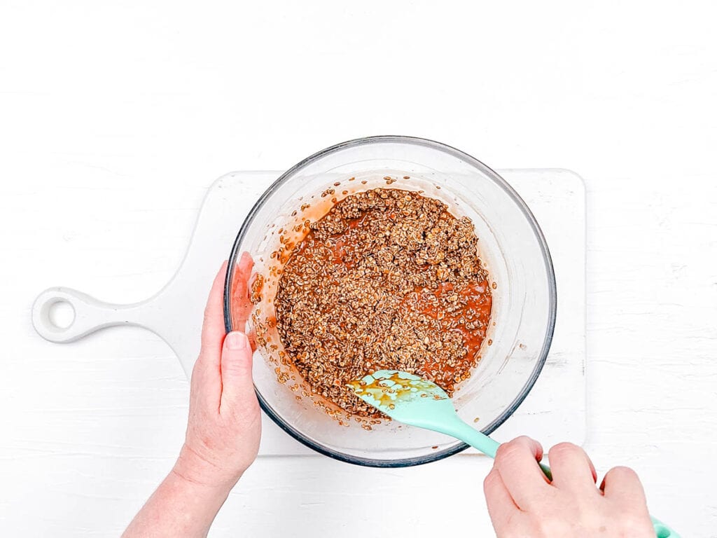 Cocoa powder and oats mixed in a mixing bowl.