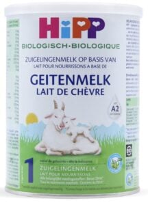 Can of HiPP Dutch goat milk formula.