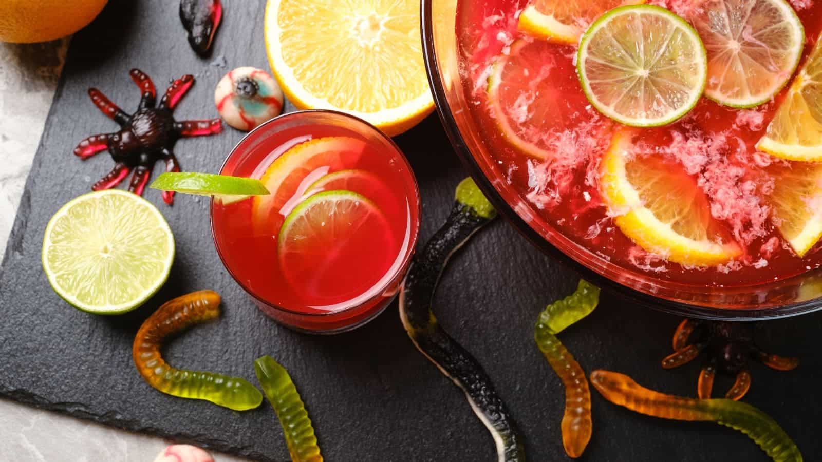 Hocus pocus punch with gummy worms and spiders.