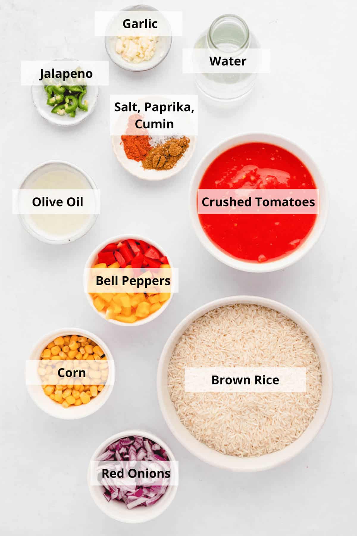Ingredients for vegan Mexican rice recipe on a white background.