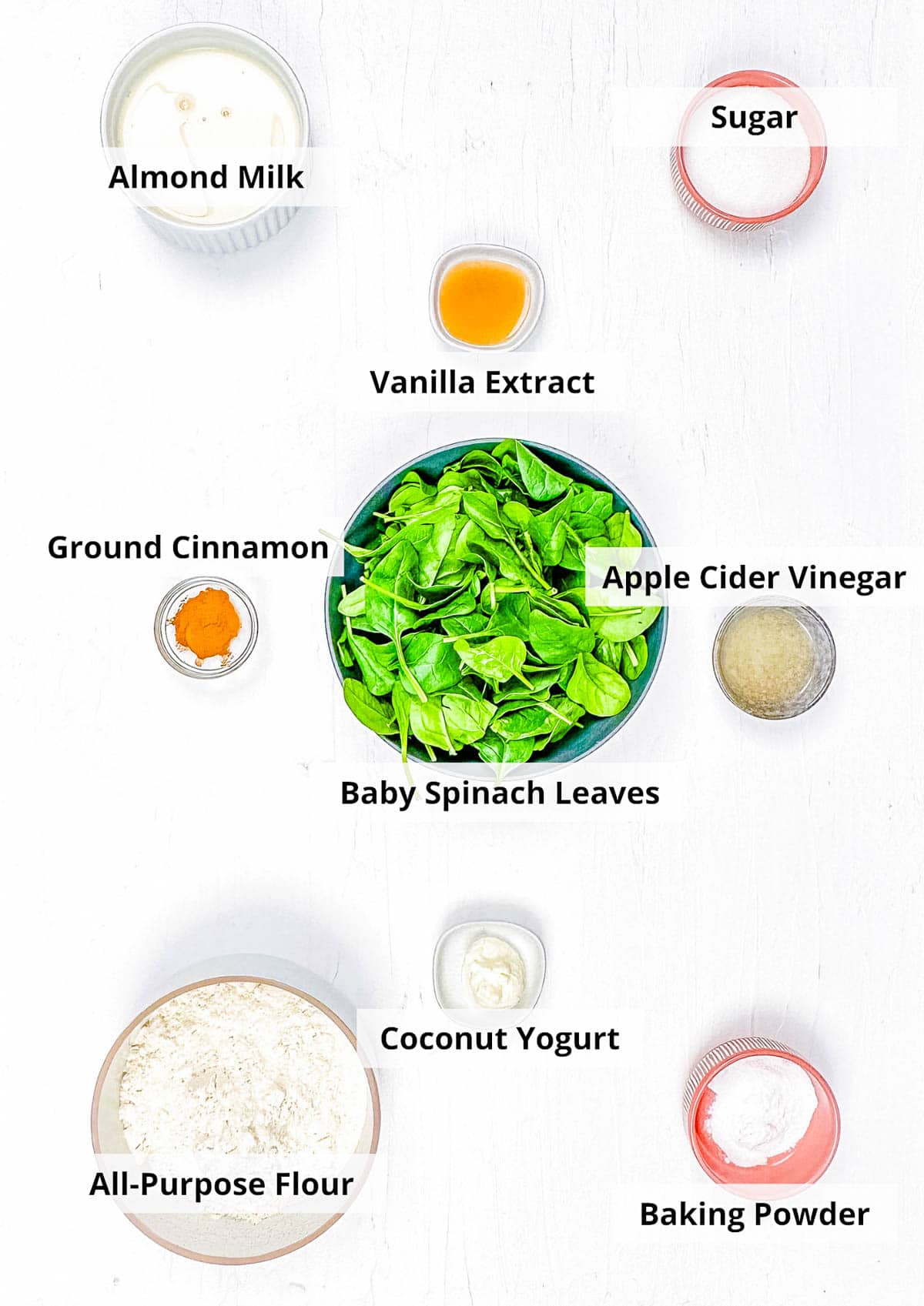 Ingredients for spinach pancakes recipe on a white background.