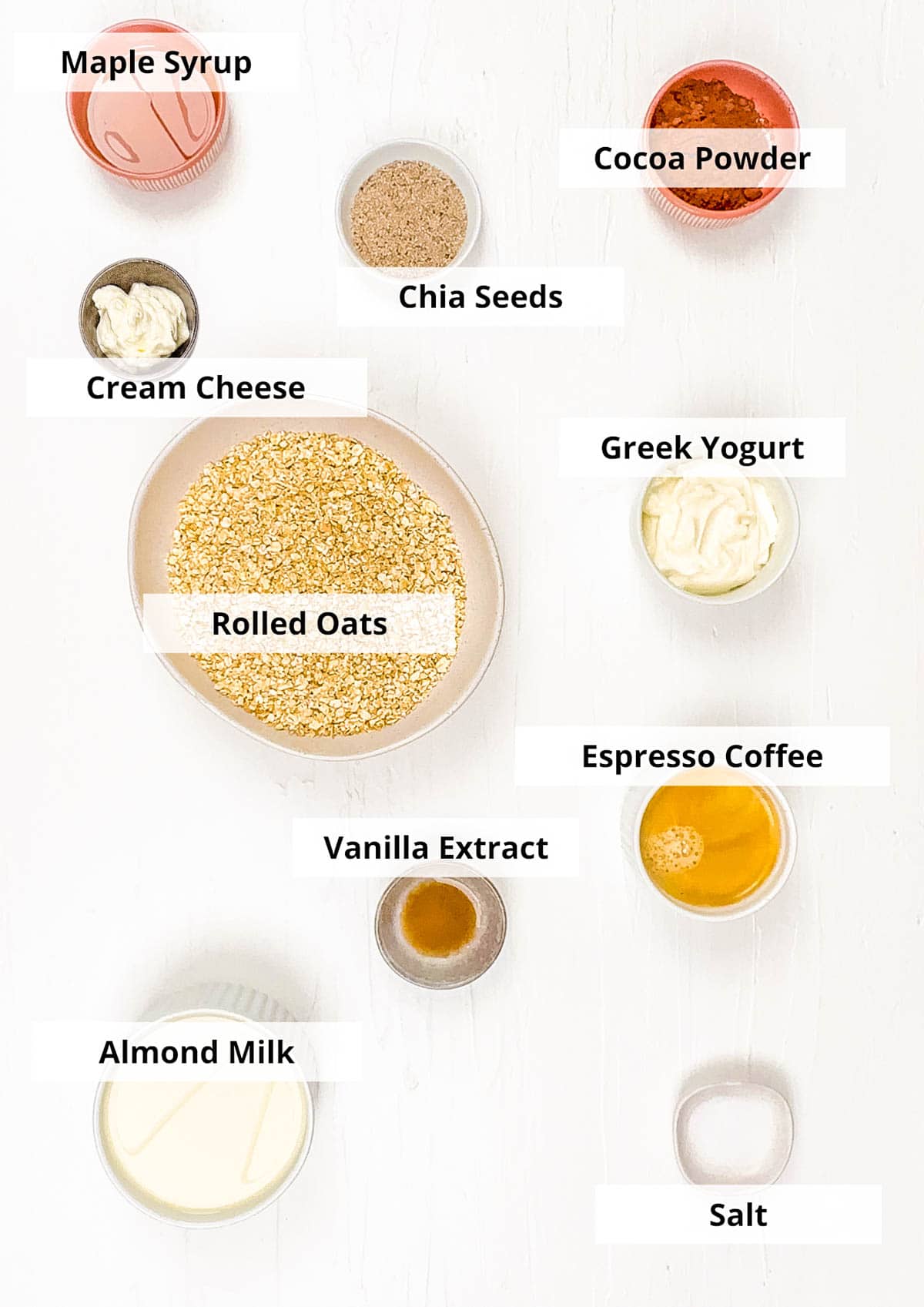 Ingredients for tiramisu overnight oats recipe on a white background.