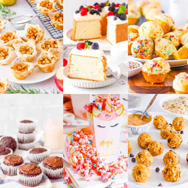 Collage of low calorie desserts on a white background.