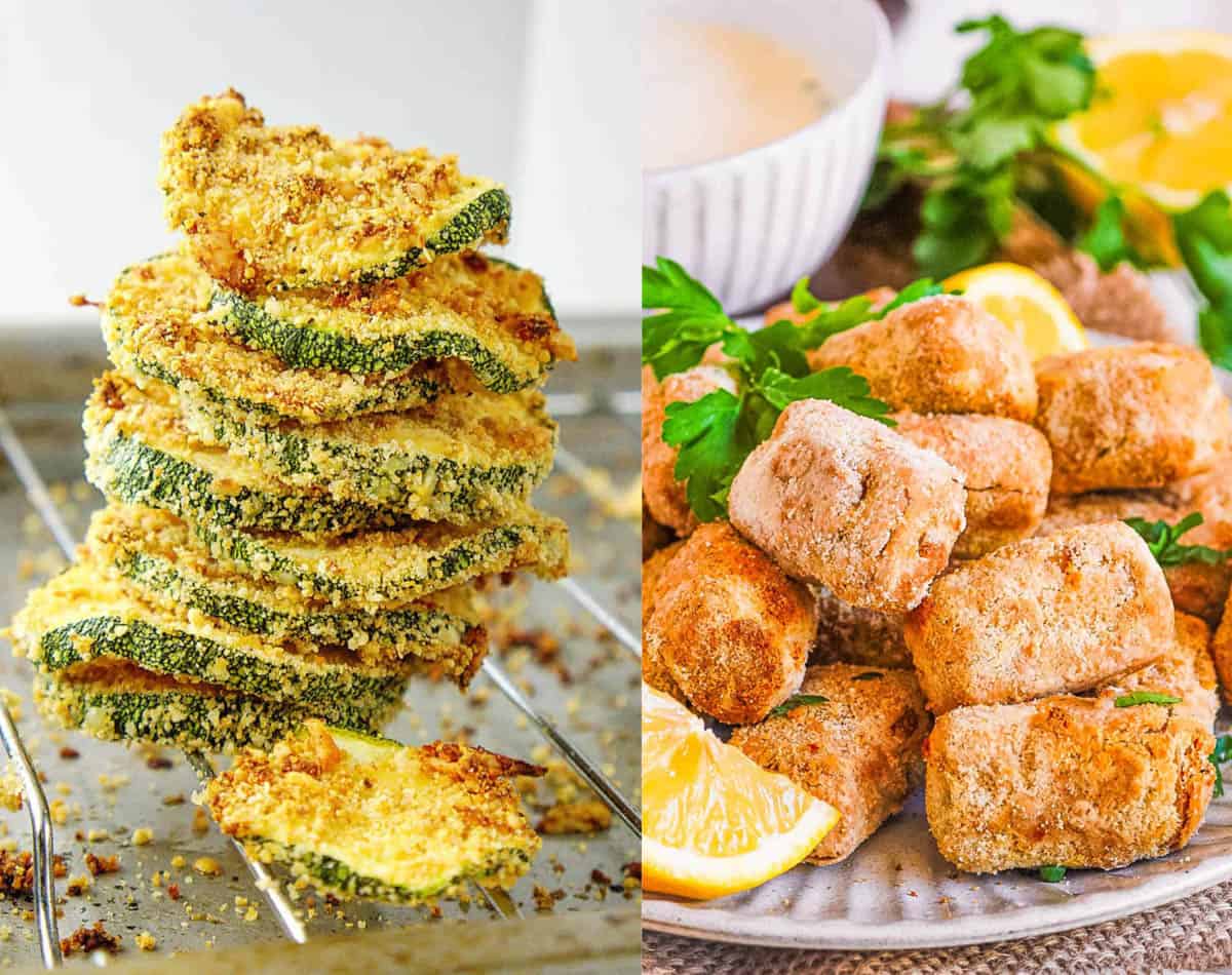 Collage of tofu nuggets and zucchini chips on a white background.