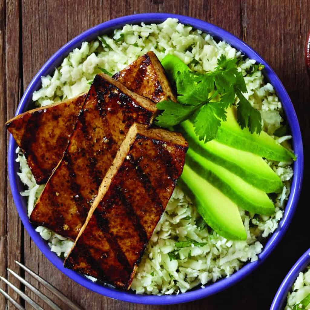 Balsamic Grilled Tofu Recipe With Cauliflower Cilantro Rice And Avocado.