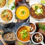 Square photo collage of vegan soups.