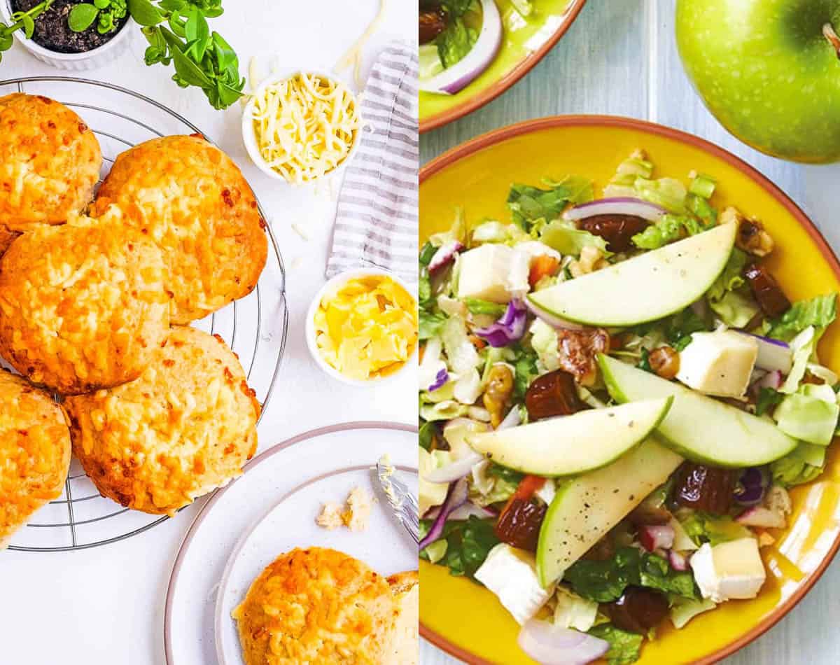 Collage of cheese buns and an apple salad on a white background.