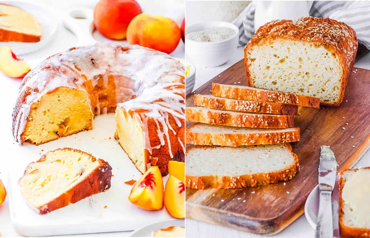 No yeast quick bread recipes collage including a pound cake and homemade bread.