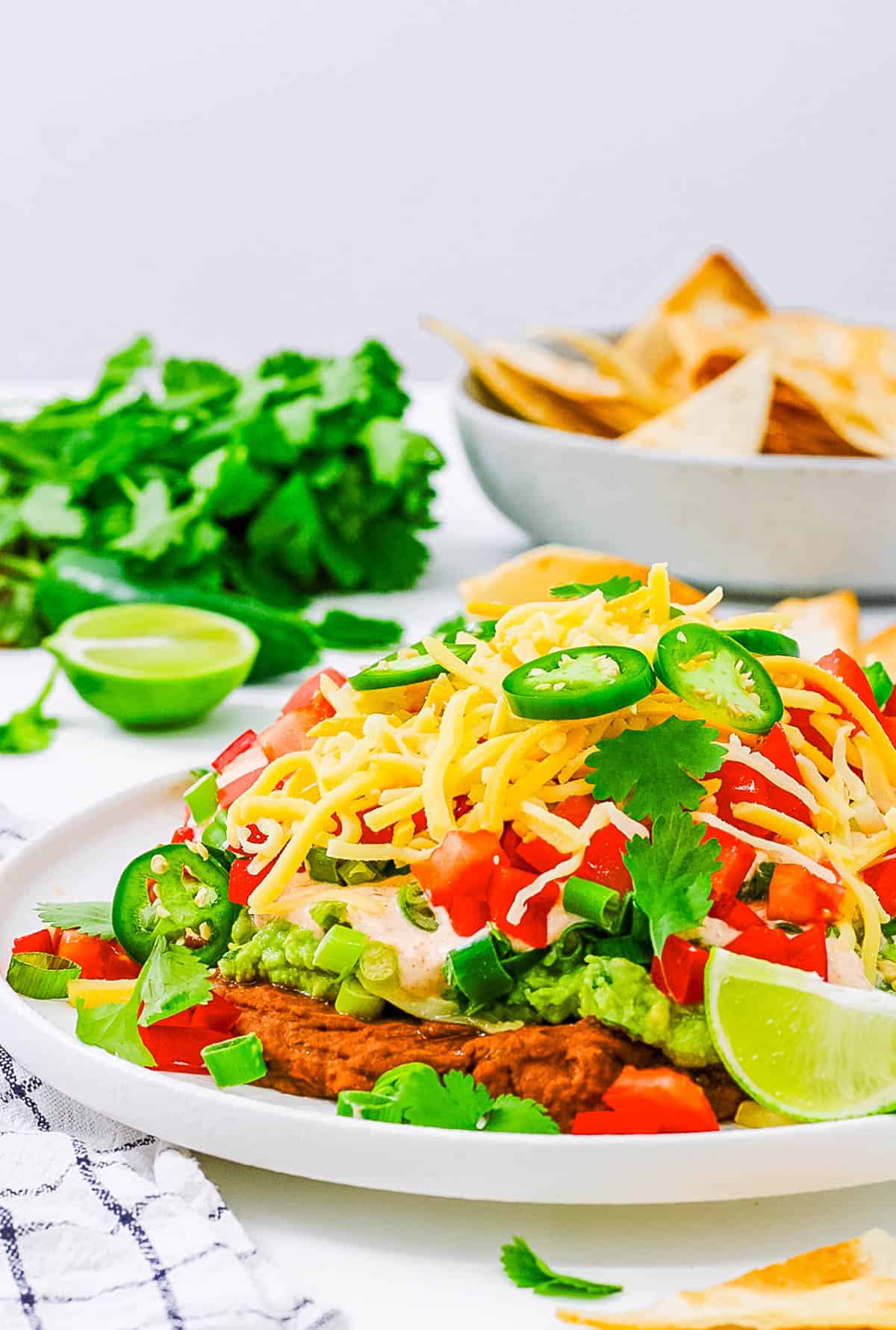 Easy, healthy 7 layer taco dip served on a white plate.