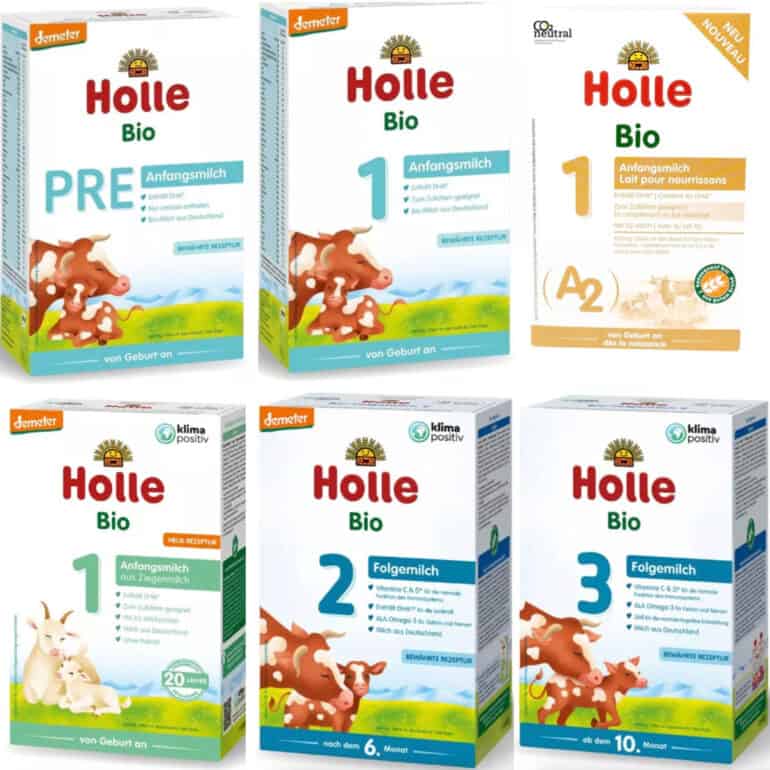 Collage of Holle baby formula boxes for Holle formula review guide.