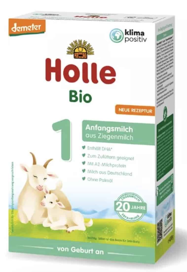 Box of Holle goat milk infant formula on a white background.