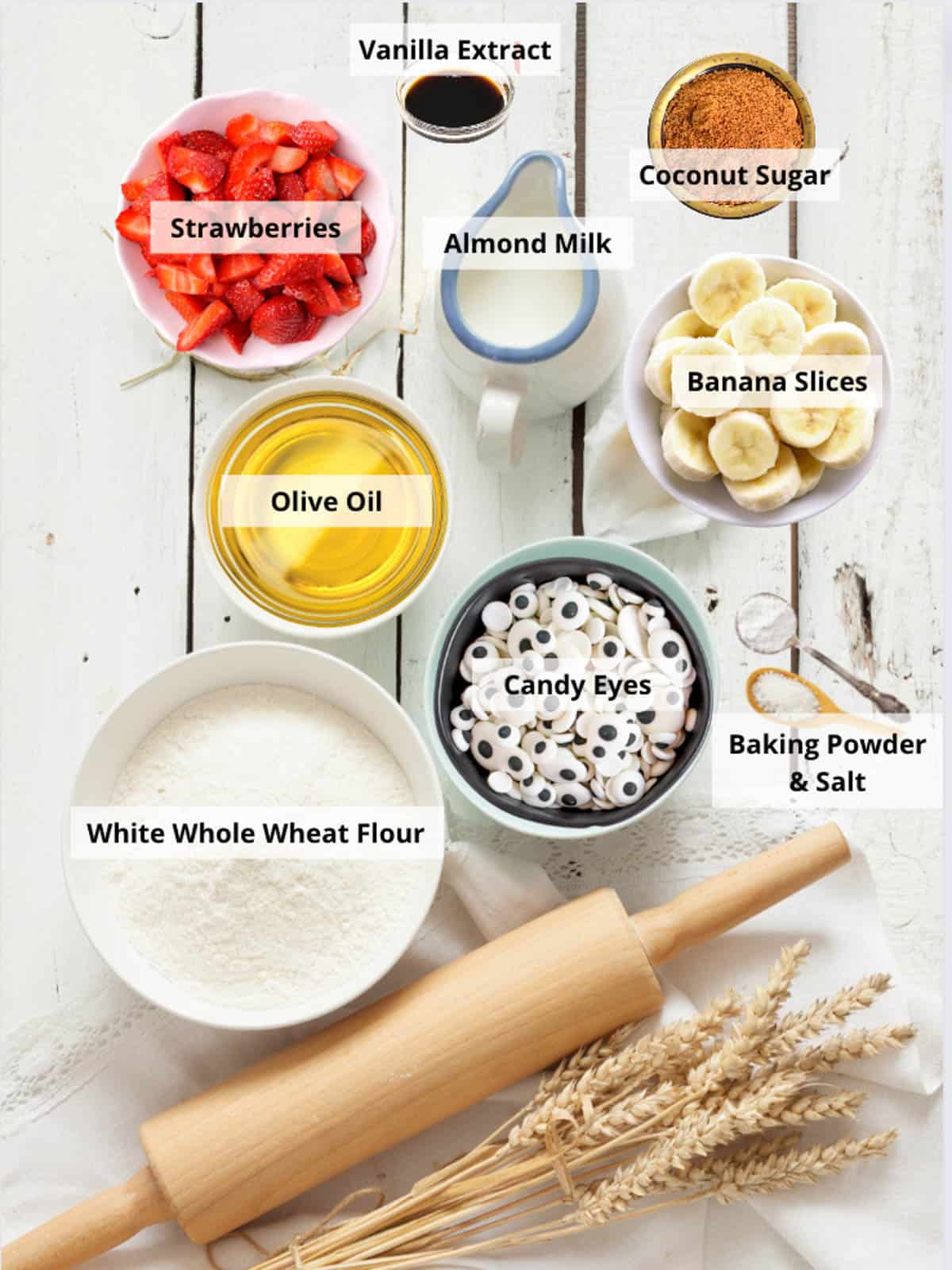 Ingredients for easy Christmas Santa pancakes on a white background.