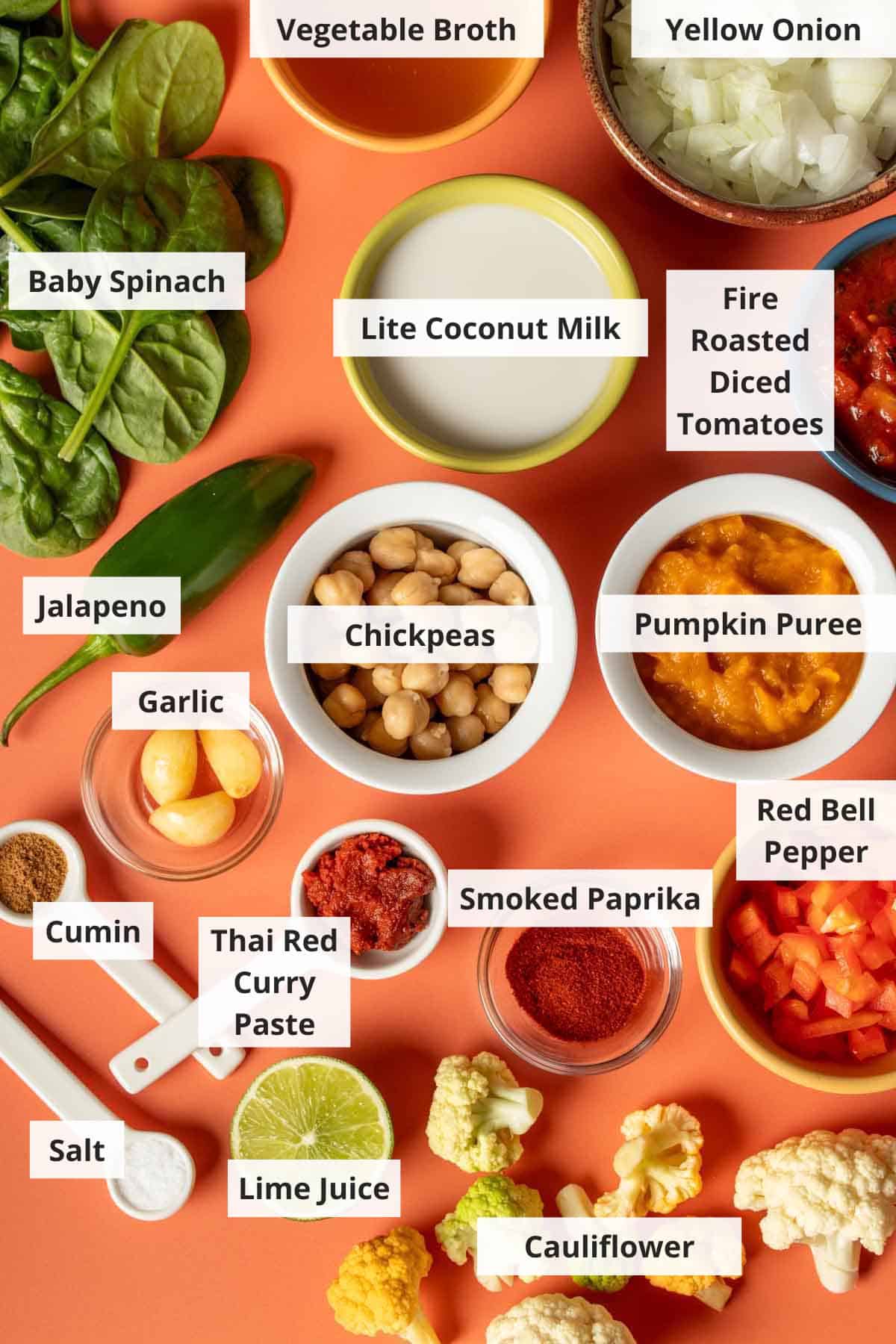 Ingredients for Thai chickpea pumpkin curry on an orange background.