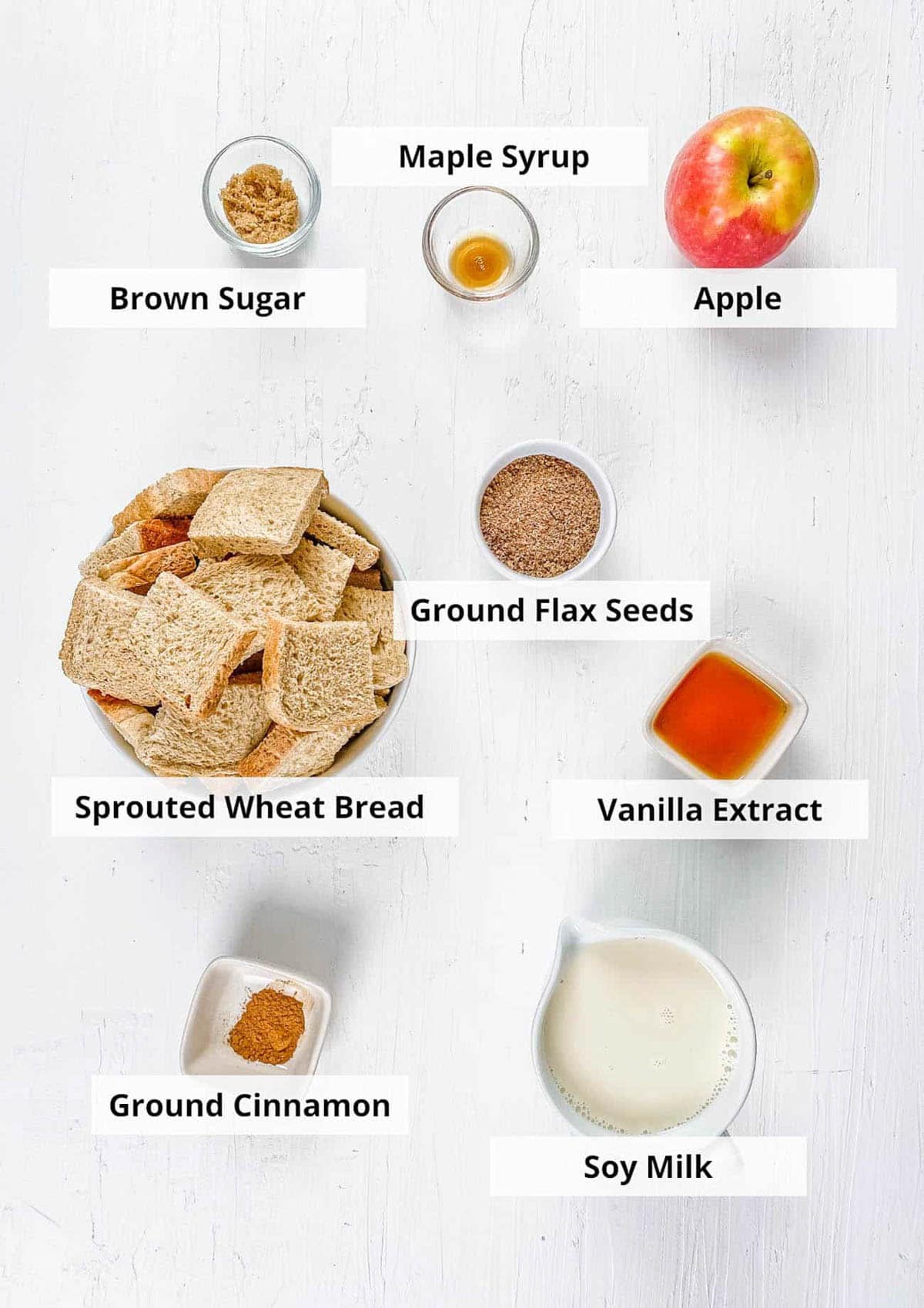 Ingredients for vegan french toast casserole recipe on a white background.