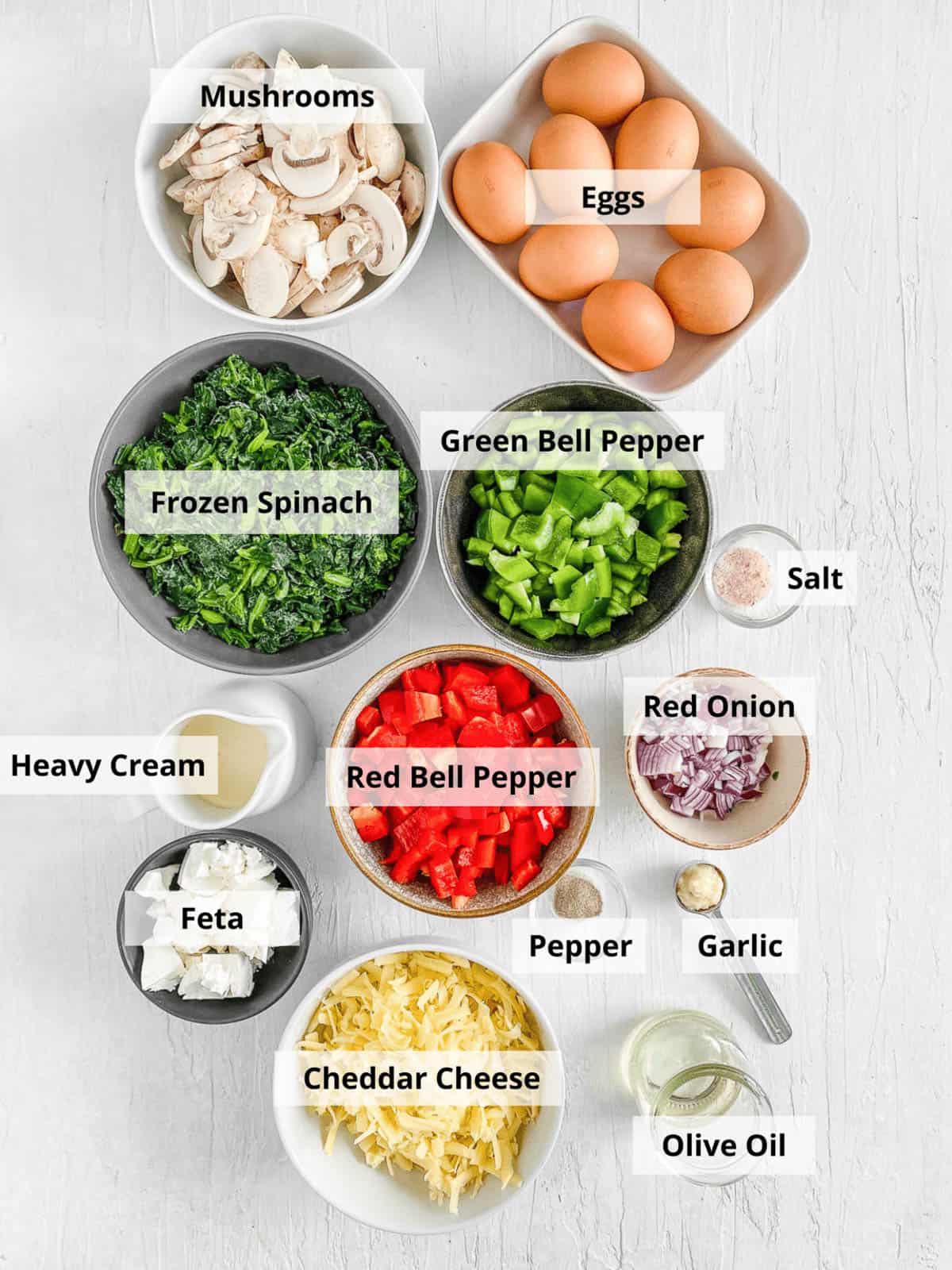 Overhead shot of the ingredients needed to make keto breakfast casserole on the counter.
