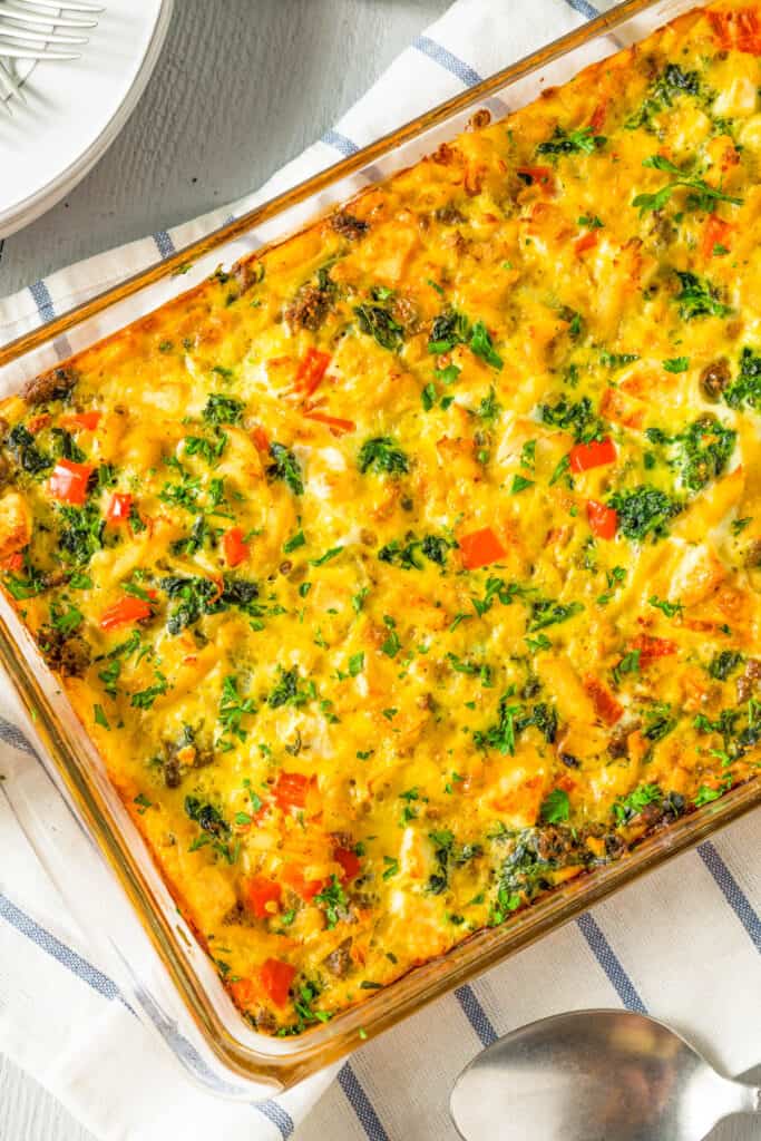 A close-up overhead shot of a white casserole dish of the keto breakfast casserole.