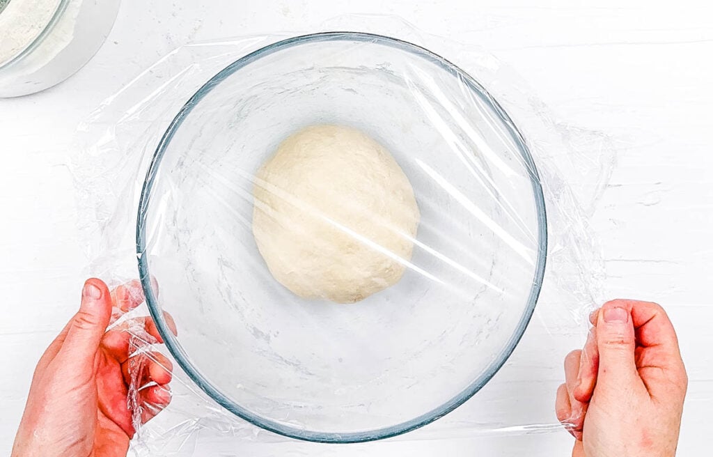 Flatbread dough rising in a mixing bowl.