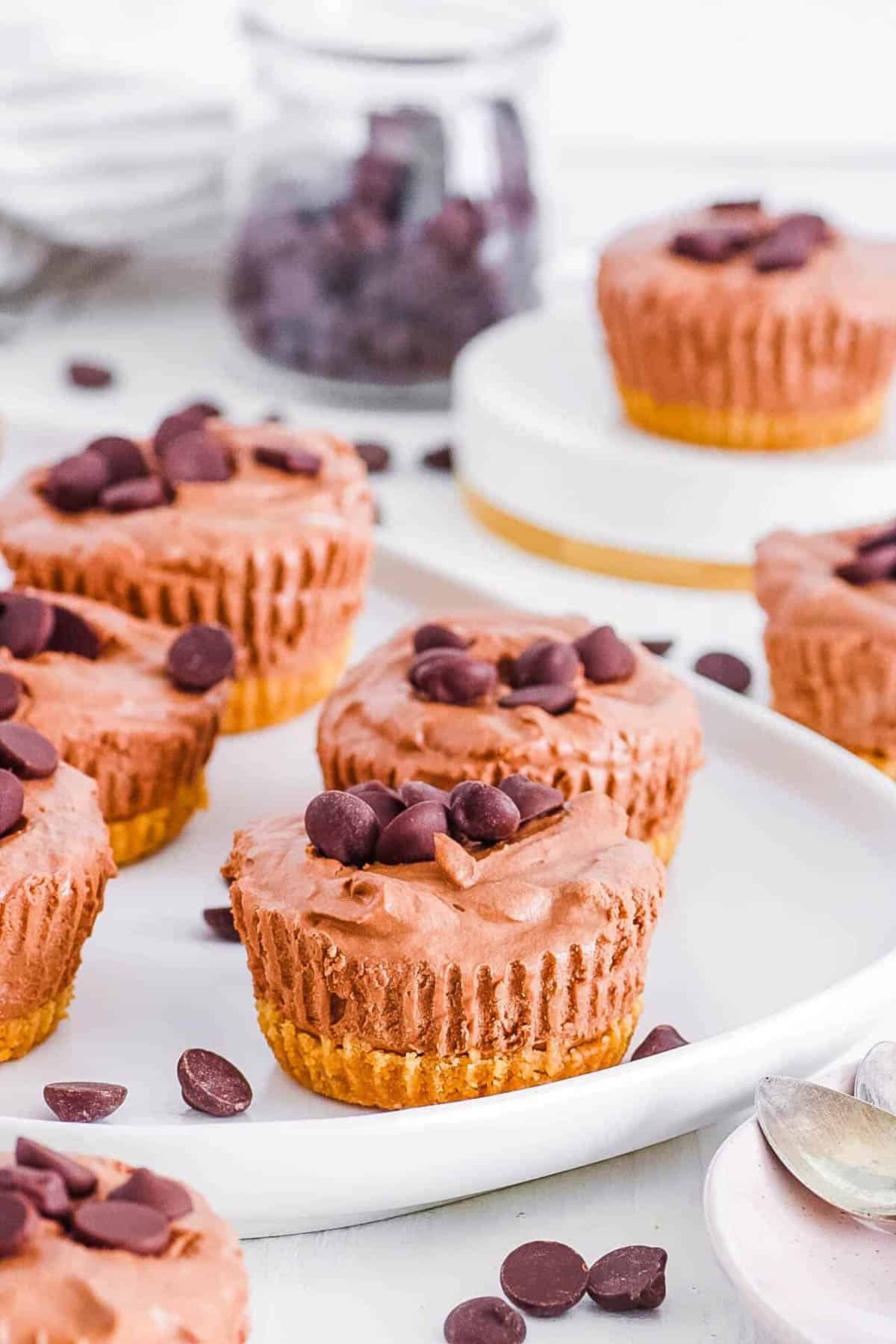 Mini chocolate cheesecakes arranged on a white countertop.