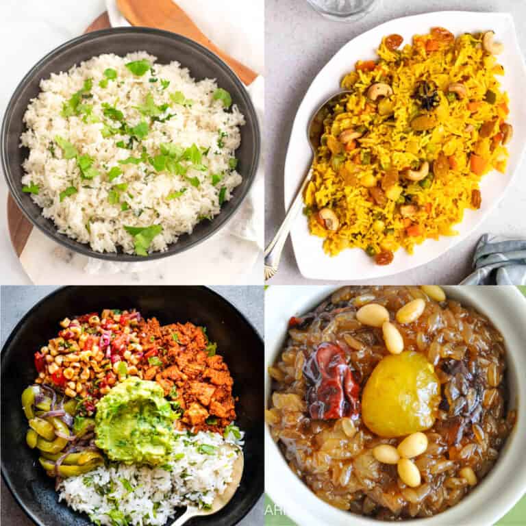 Collage of rice cooker recipes on a white background.