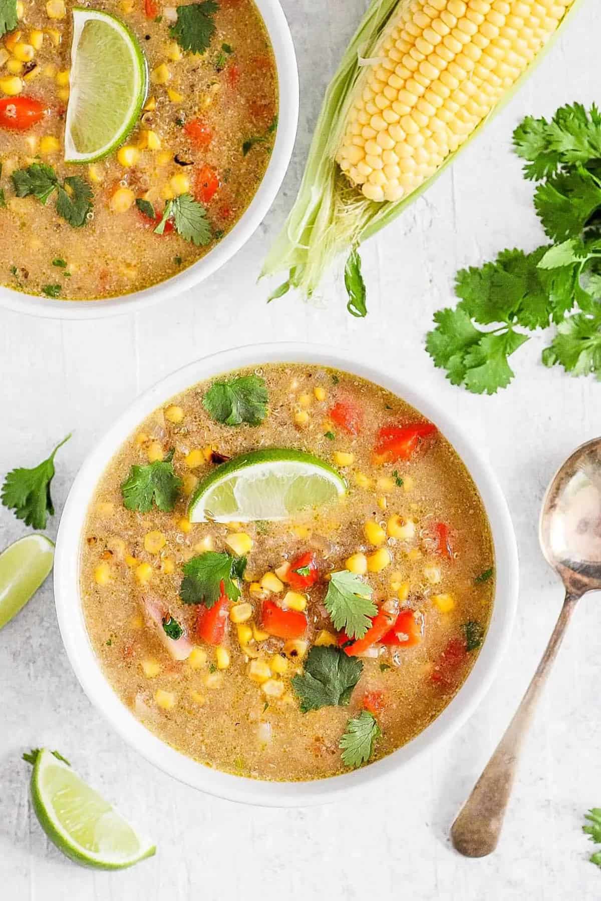 Vegan soup recipes - vegan corn chowder in a white bowl.