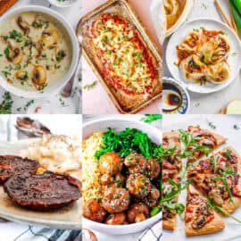 Collage of vegan mushroom recipes on a white background.