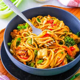 Vegan peanut noodles tossed with veggies and tofu in a bowl with a fork.