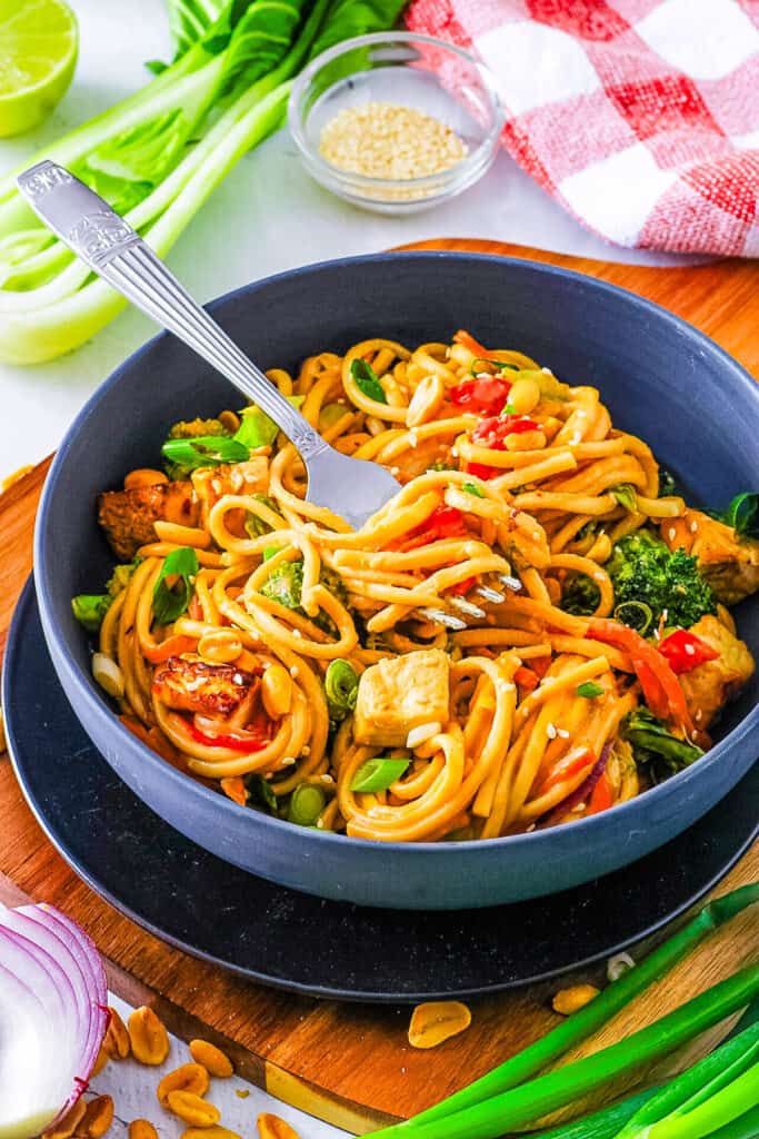 Vegan peanut noodles tossed with veggies and tofu in a bowl with a fork.
