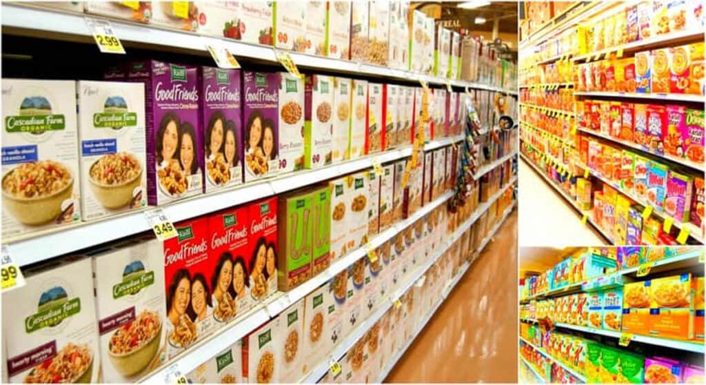 Shots of cereal aisles on grocery stores.