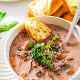 Vegan mushroom and wild rice soup, served in a white bowl, garnished with fresh herbs and a piece of crusty bread on the side.