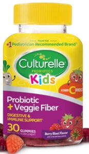 Bottle of Culturelle Kids prebiotic and probiotic supplement.