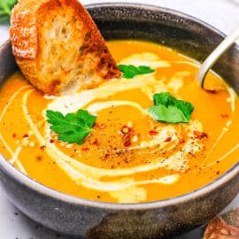 Curried sweet potato soup served in a black bowl, topped with coconut cream, crostini, and cilantro.