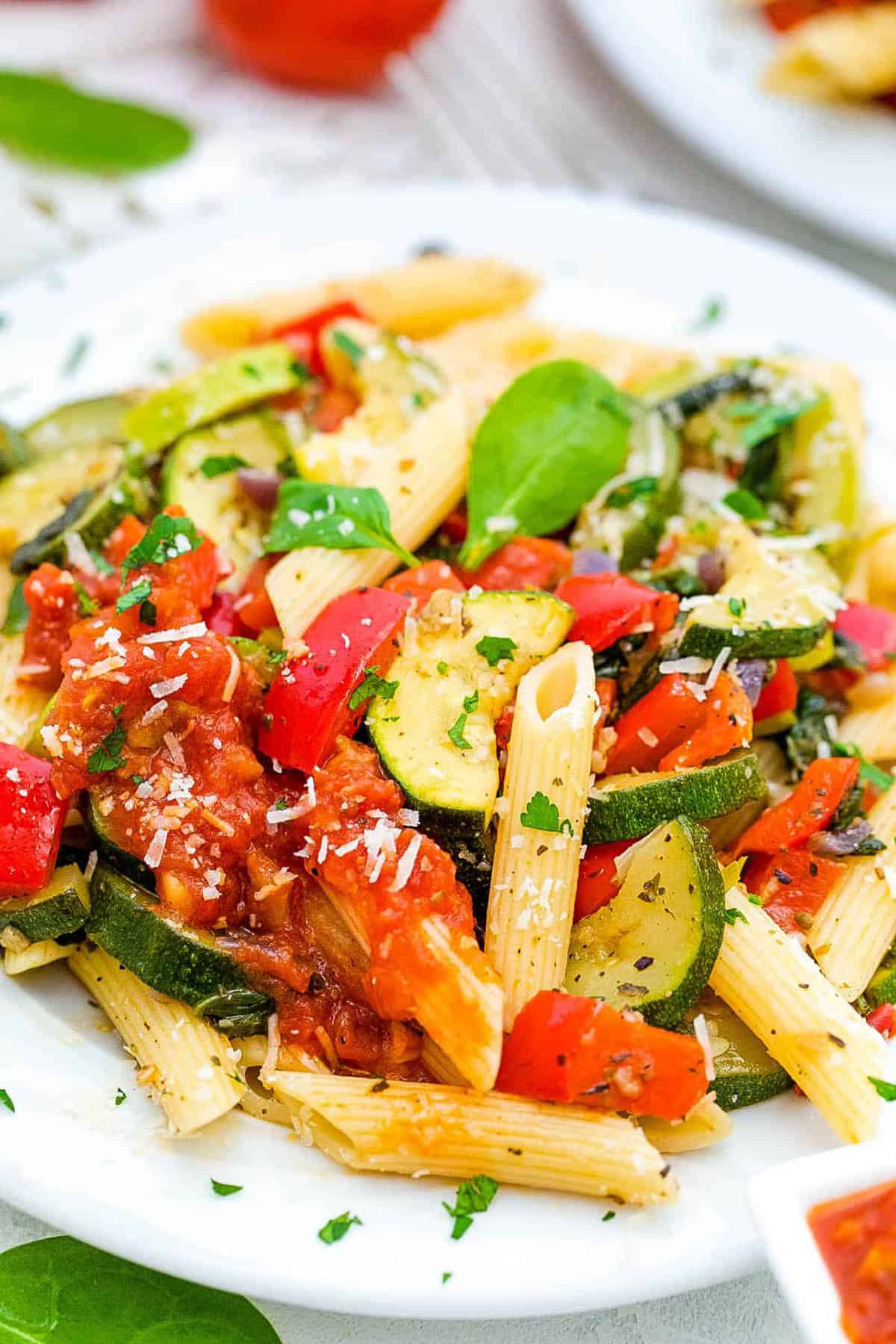 Healthy vegan pasta primavera served on a white plate.