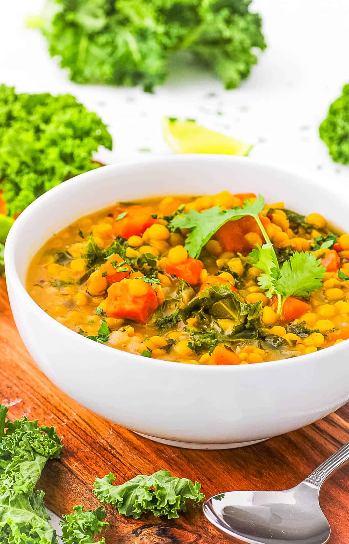 Sweet potato dahl served in a bowl, garnished with cilantro.