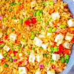 Tofu fried rice served in a large pan.