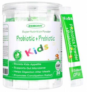 Bottle of Zebora prebiotic and probiotic supplement for kids.